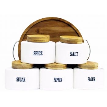 Set Of 5 Ceramic Canister with Bamboo Base JC6661 - white -brown